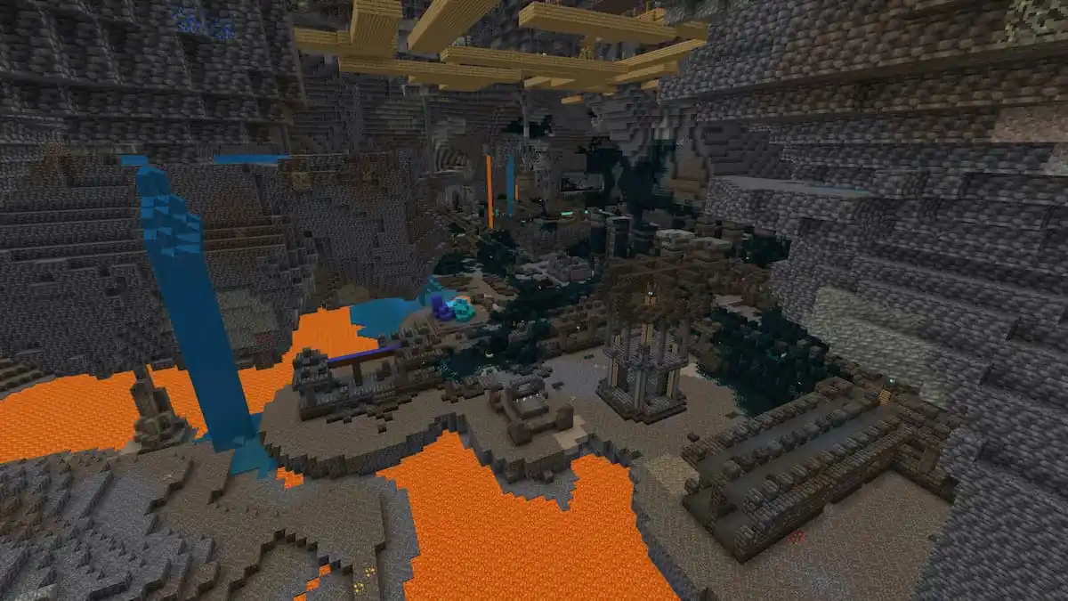 A Minecraft mineshaft above an Ancient City with a lake of lava