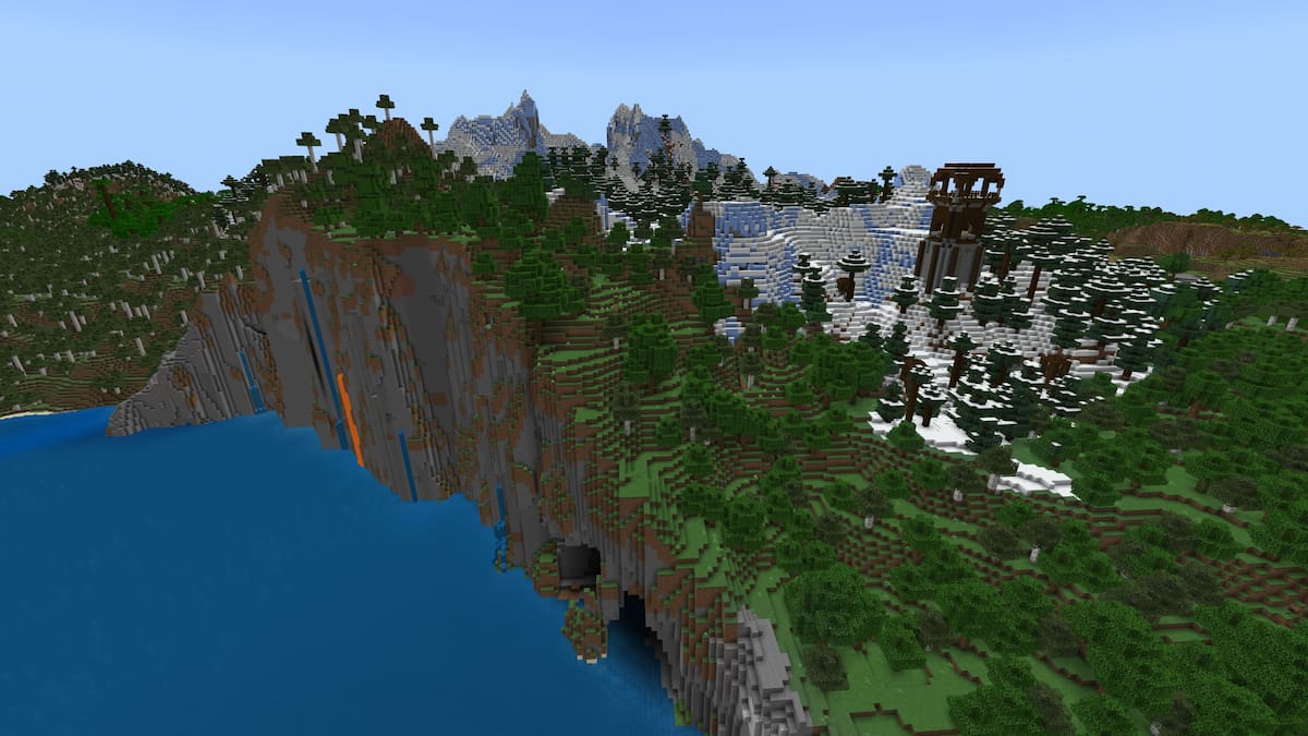 A tall Pillager Outpost next to a set of ocean cliffs in Minecraft