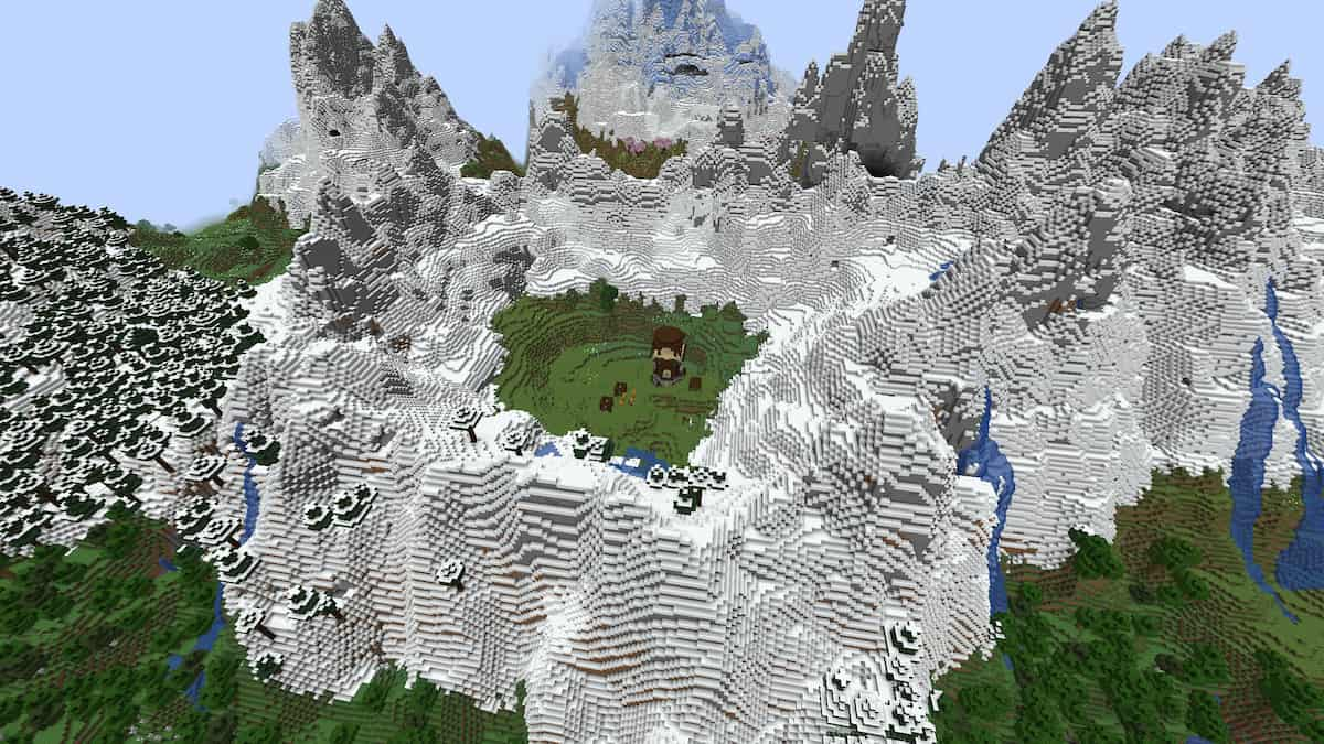 A Pillager Outpost in the center of a Snowy Mountain Range in Minecraft