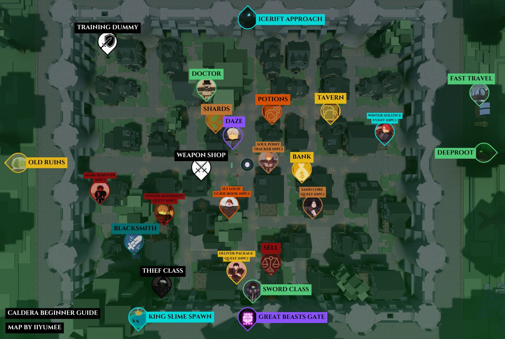 map of caldera starter town in arcane lineage with npcs and points of interests higlighted