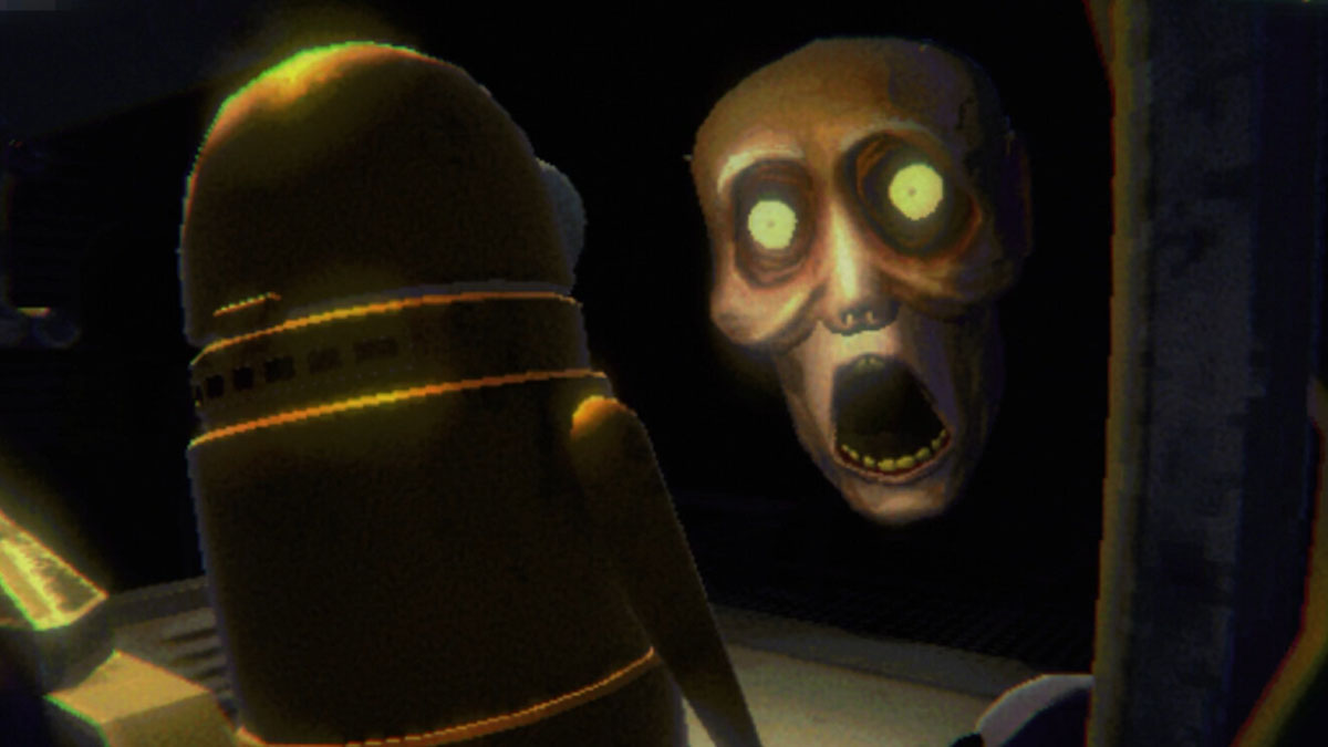 A player looking at A skull-like entity in R.E.P.O.