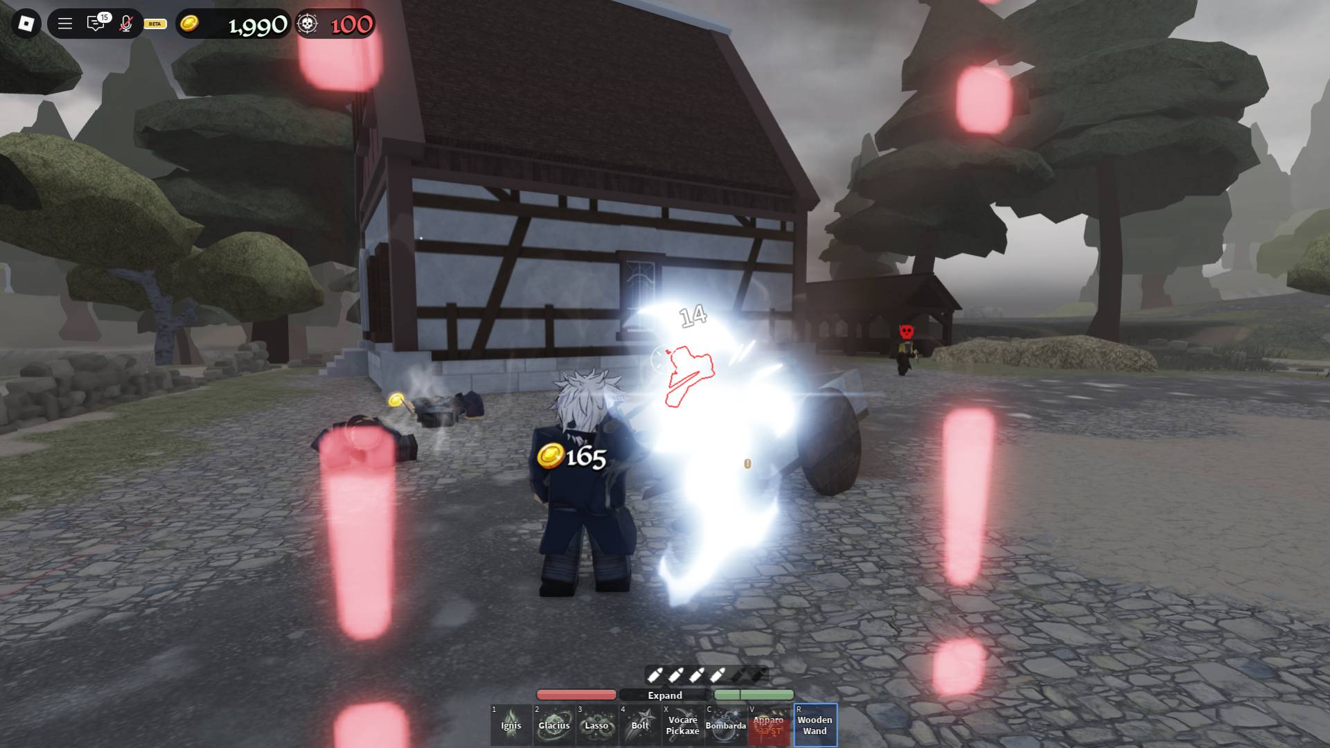 player fighting hostile NPCs in wizard west roblox experience