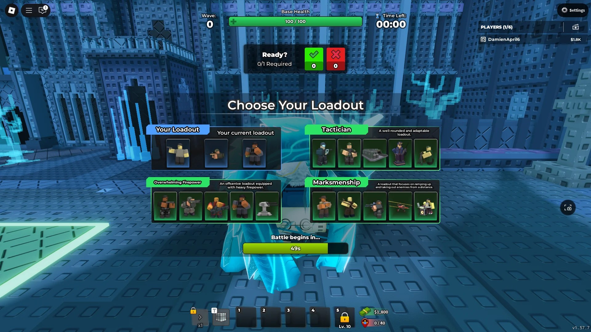 Preview of the choose loadout menu in The Hunt: Mega Edition event quest in Tower Defense Simulator