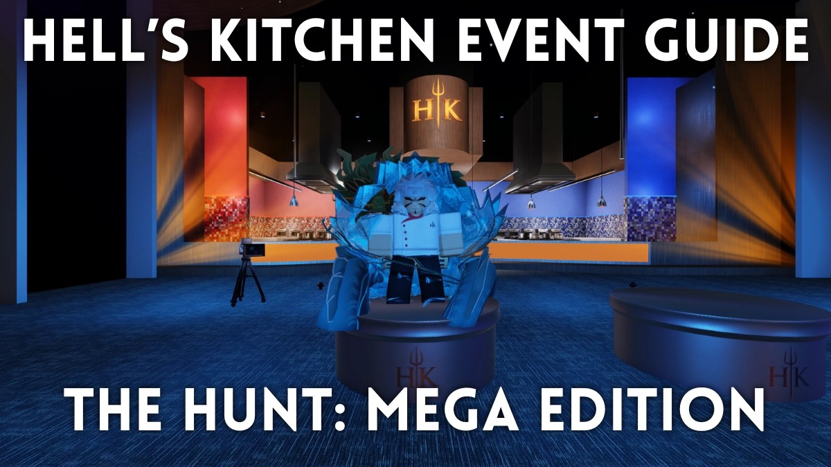 A player standing on the wining podium in Hell's Kitchen Roblox experience during The Hunt: Mega Edition Roblox event