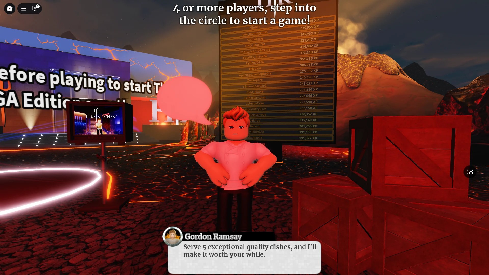 A player talking to the Gordon Ramsay NPC that lets you start The Hunt: Mega Edition event quest in Hell's Kitchen Roblox experience