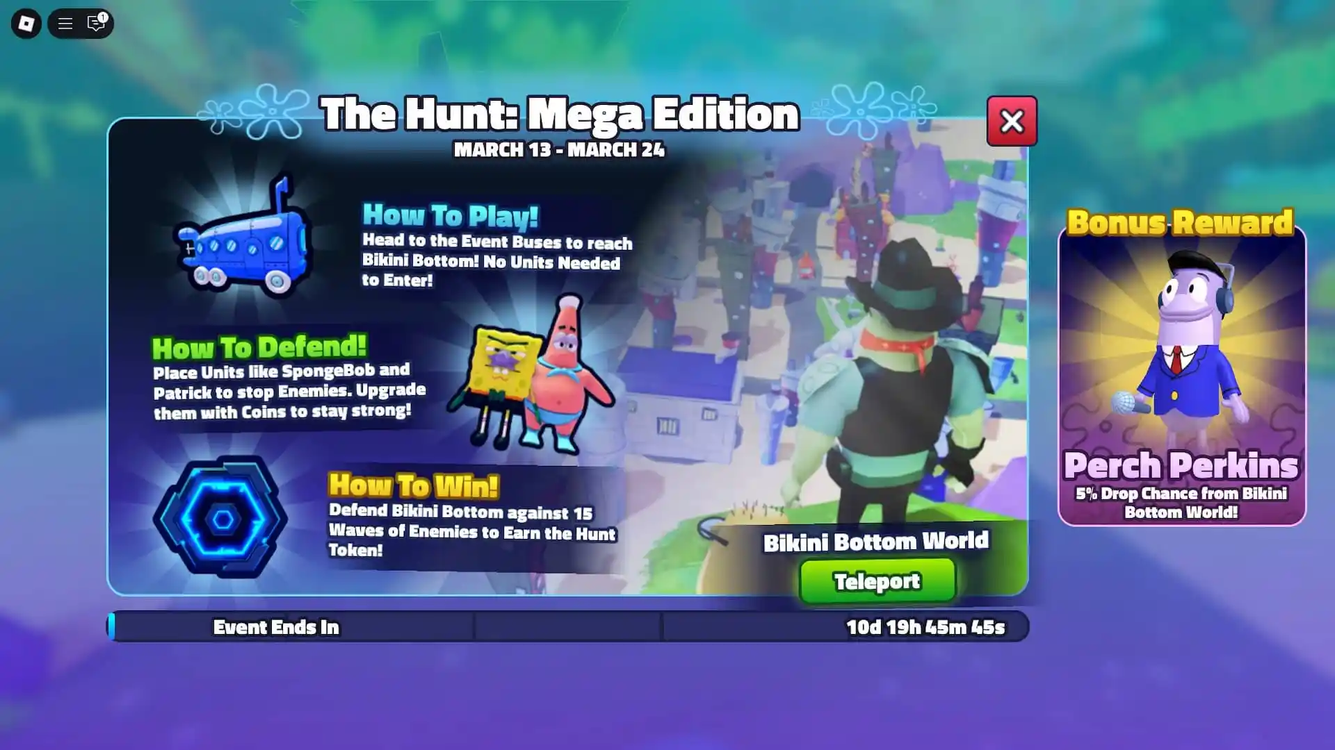 rewards menu in spongebob td experience for the hunt mega event