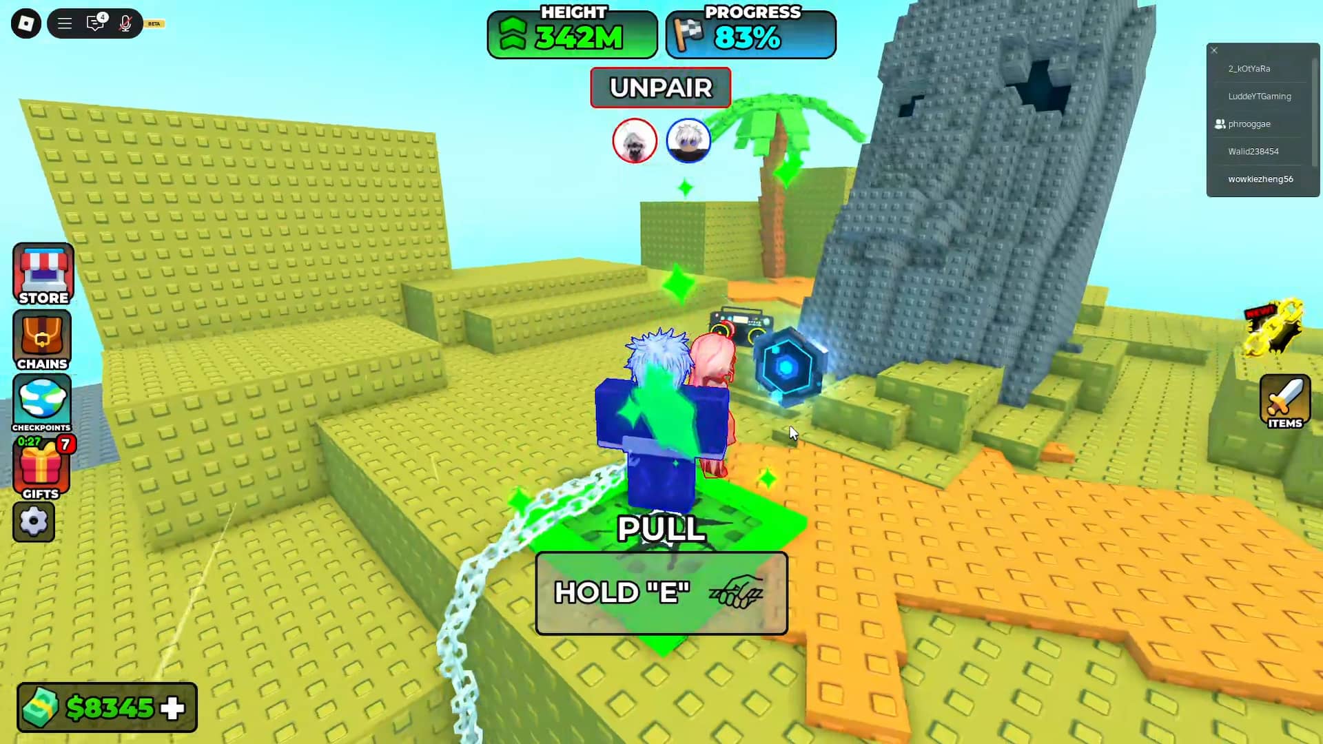 A player collecting the hunting token in a chained 2 player OBBY during the Hunt Mega event in Roblox