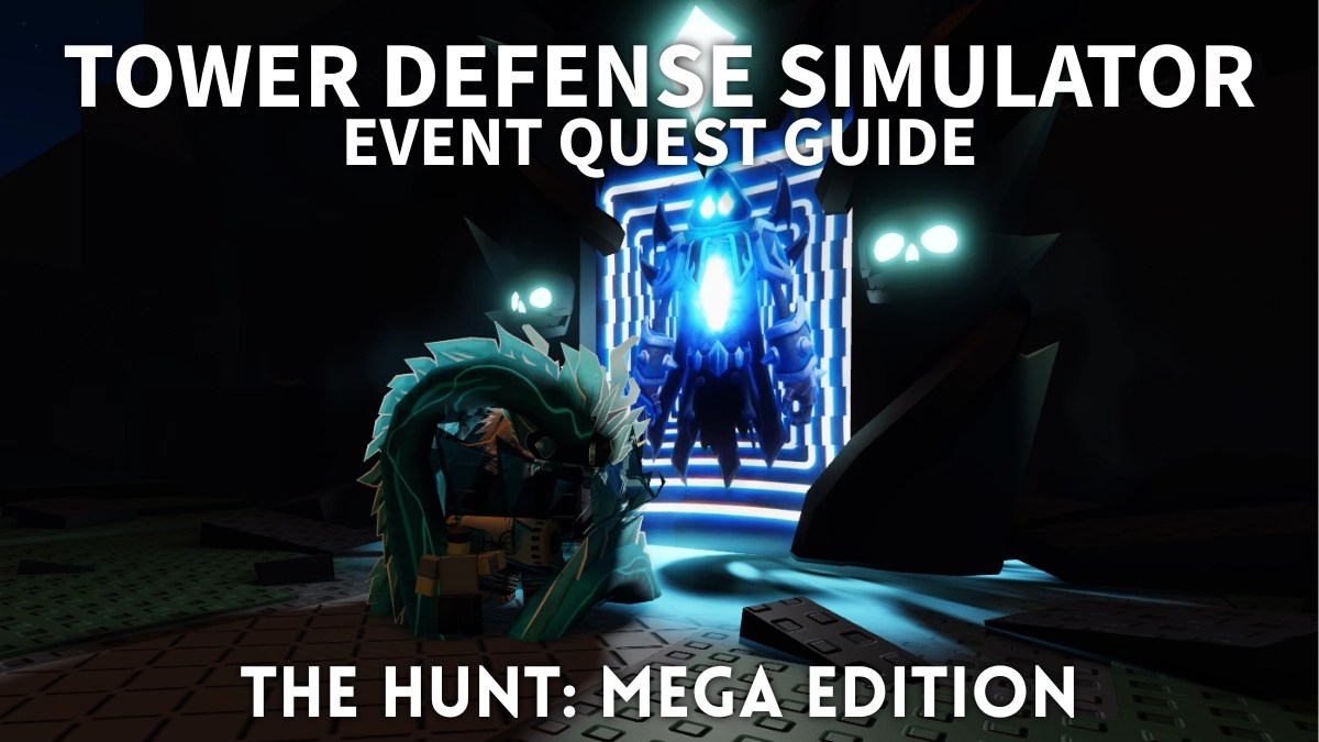 A player standing in front of the portal for The Hunt: Mega Edition quest in the Tower Defense Simulator Roblox experience