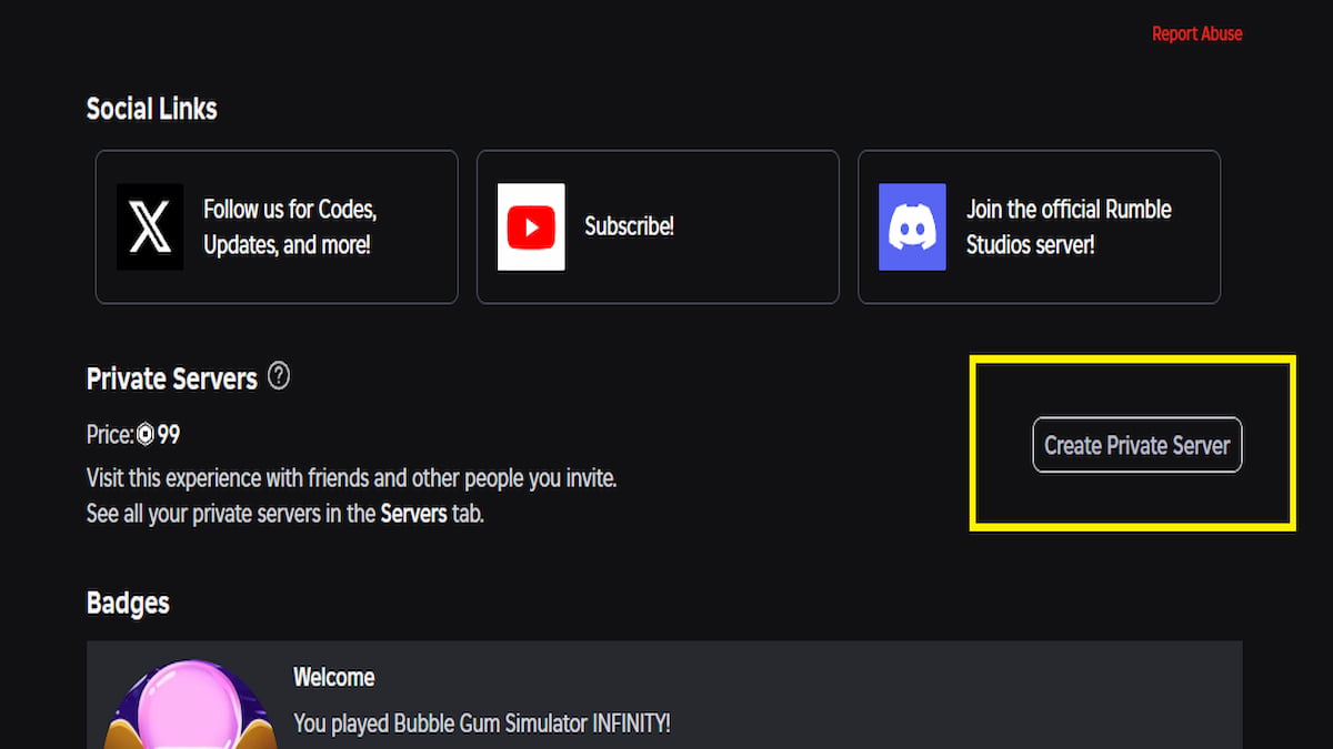 The Private Server option in Roblox