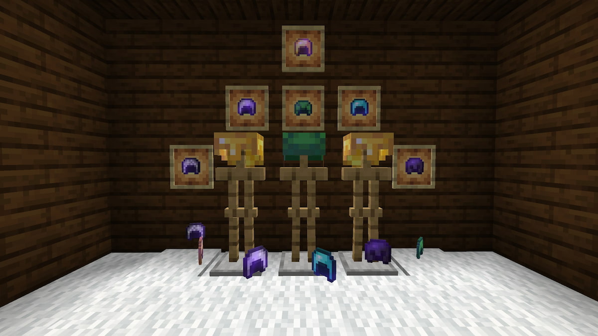 Enchanted helmets on the ground, inside item frames, and on armor stands in Minecraft
