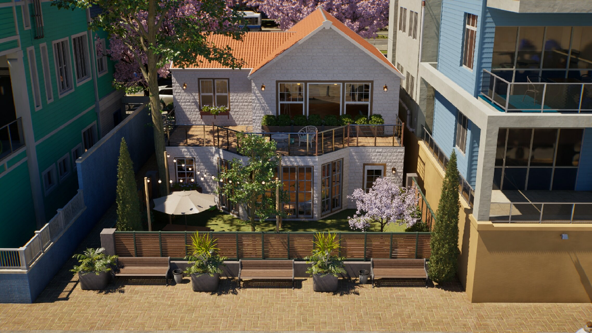 A two-story mansion with front yard by MaumiPaumi in inZOI.