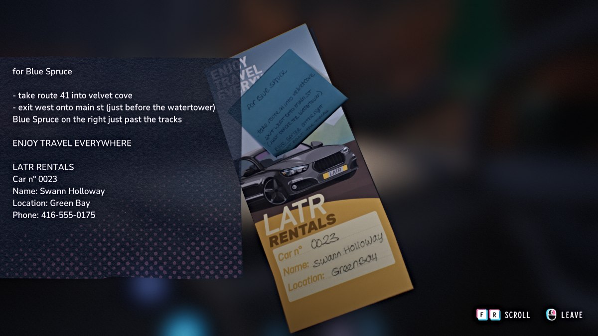Car rental pamphlet at the start of the game in Lost Records Bloom and Rage