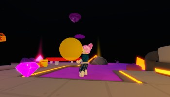 Blowing a bubble in Roblox Bubble Gum Simulator Infinity.