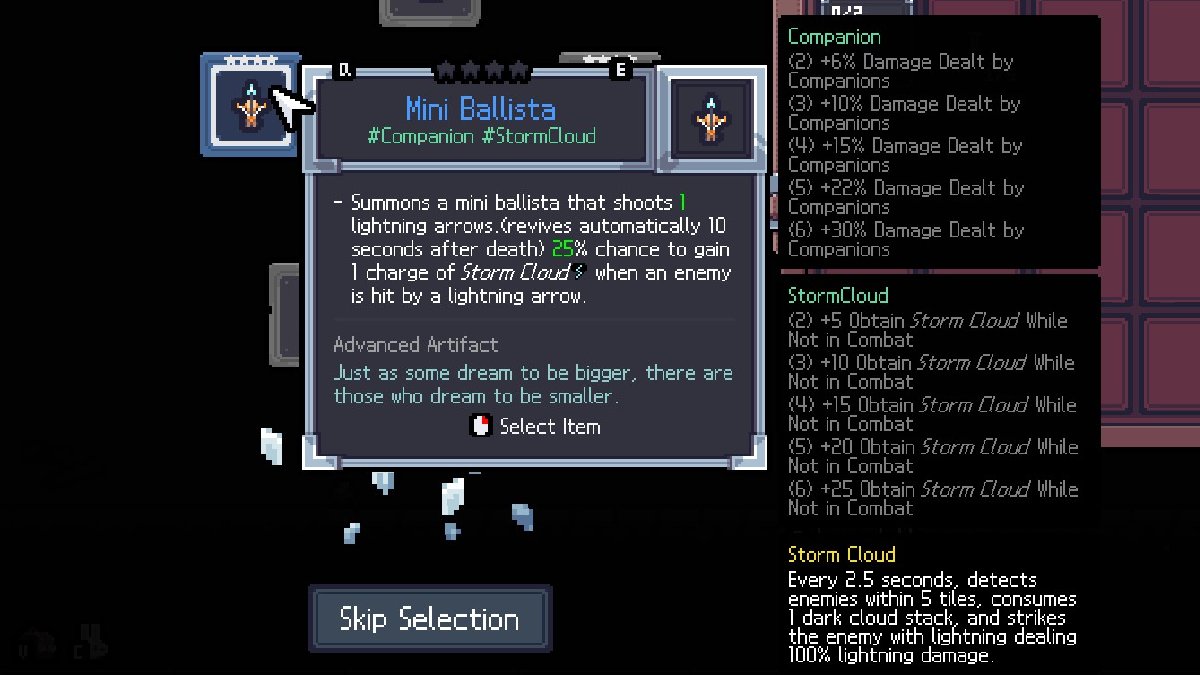 Mini Ballista companion and it's Storm Cloud stacking effects in Sephiria.