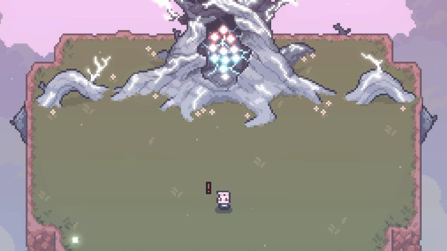 Bunny is shocked while standing below a glowing tree in Sephiria.