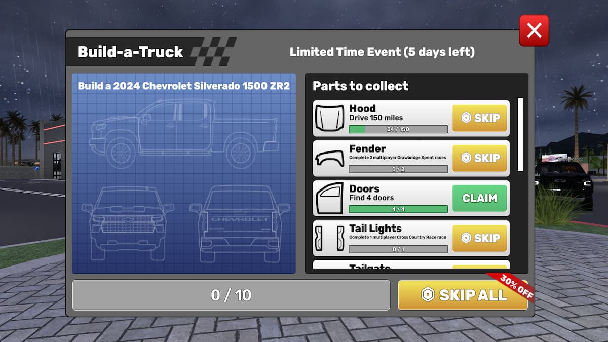 The Truck Menu in Driving Empire