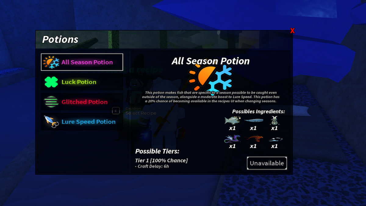 The Potion Menu in Fisch