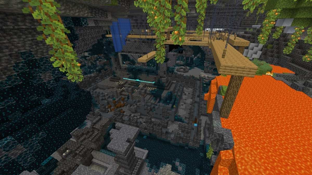 A Minecraft Ancient City inside of a Lush Cave with a mineshaft and a large pool of lava