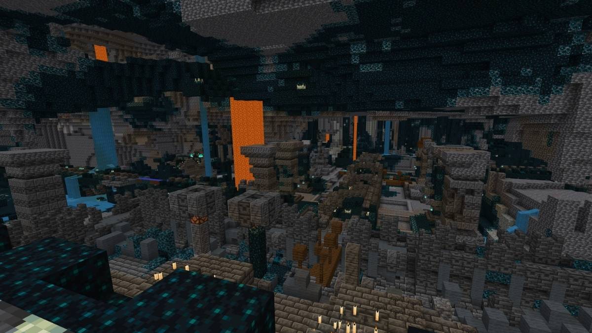 A Minecraft Ancient City with waterfalls and dripping lava
