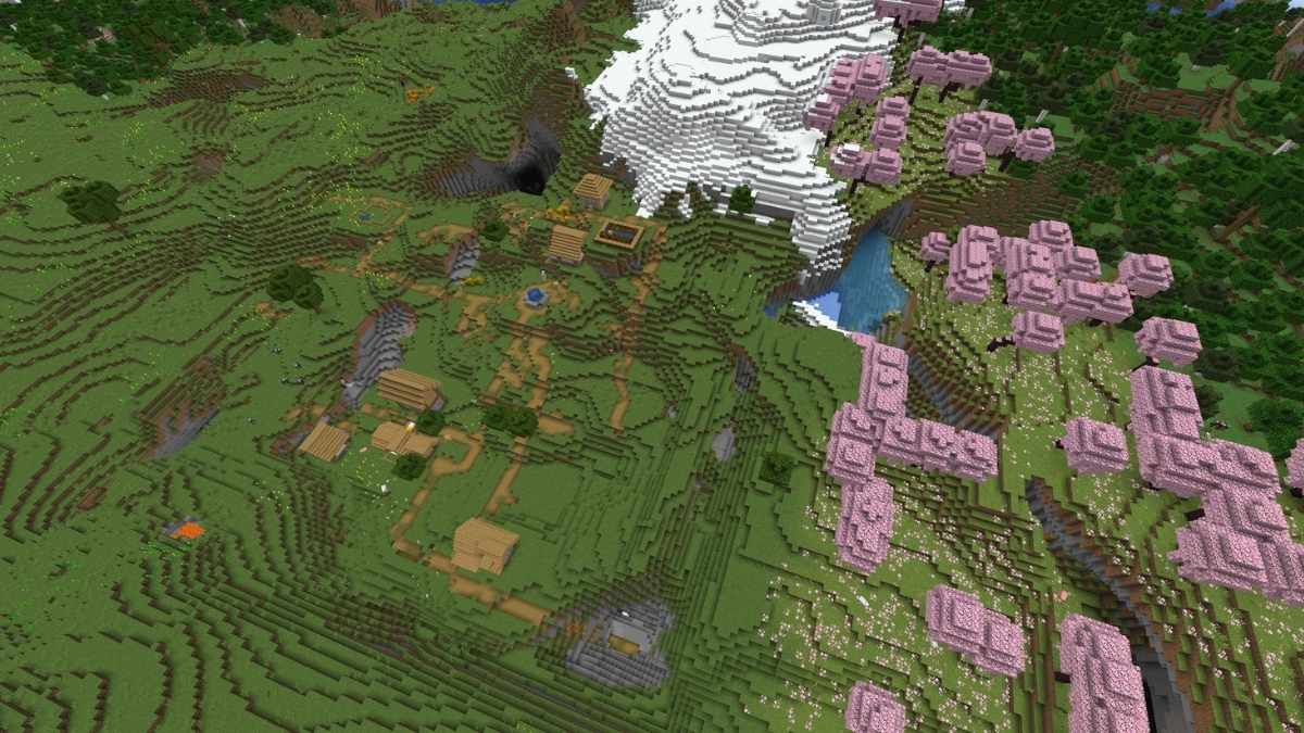 A Minecraft Plains Village by a Cherry Grove and a cave leading to an Ancient City