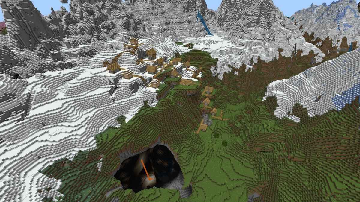A Minecraft Plains Village on the side of a mountain with a giant cavern