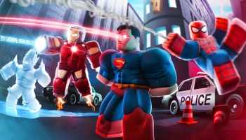SuperHero Tower Defense artwork featuring Superman, Iron Man, Spiderman, and a hero with ice powers.