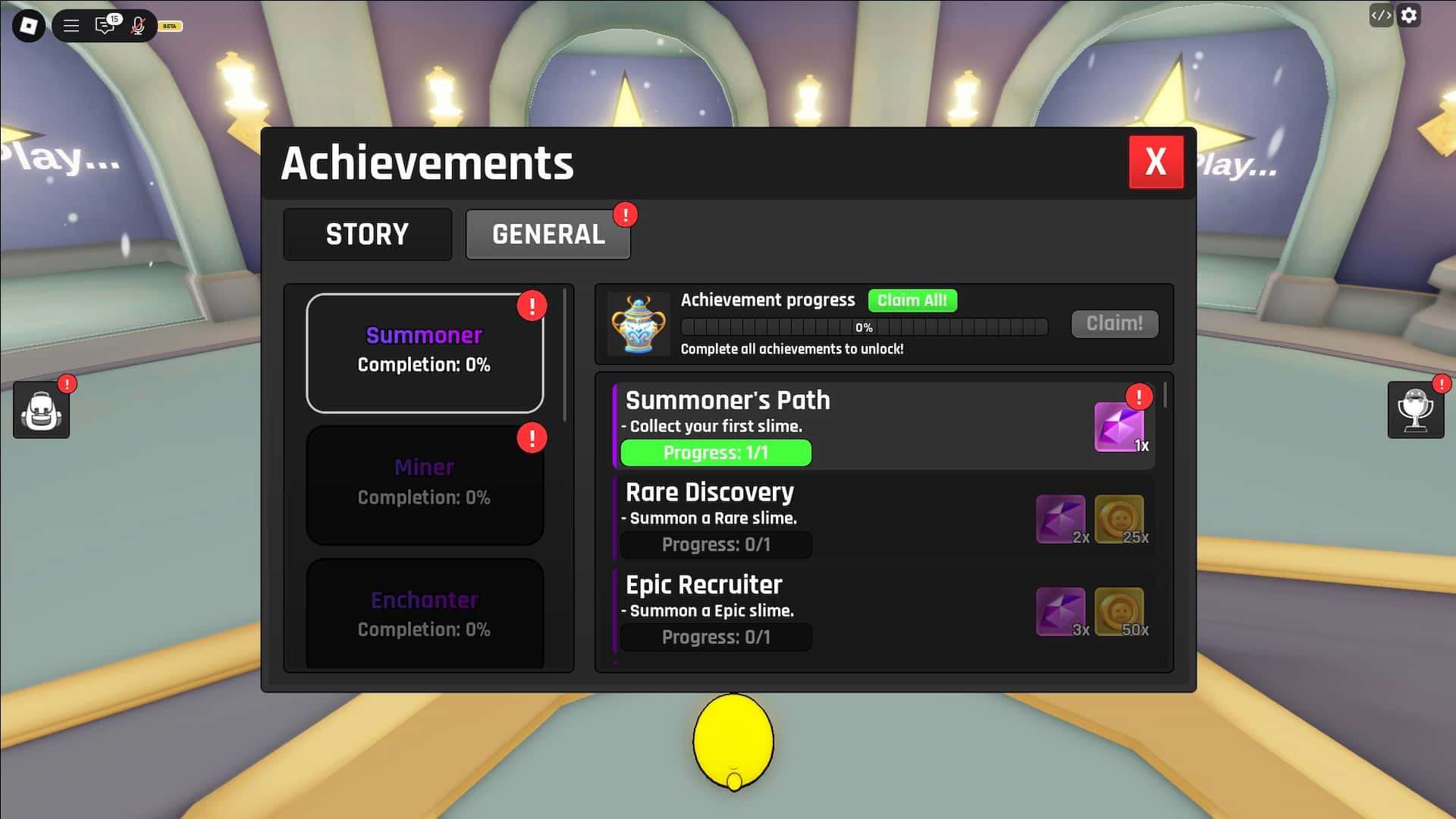 Achievement rewards in the Slimera Roblox experience.