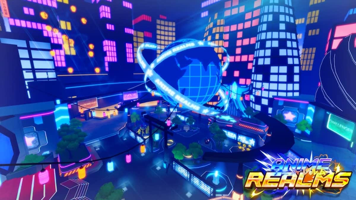 Anime Realms X artwork showing a neon-lit futuristic city hub with a glowing globe monument and the Anime Realms X logo.