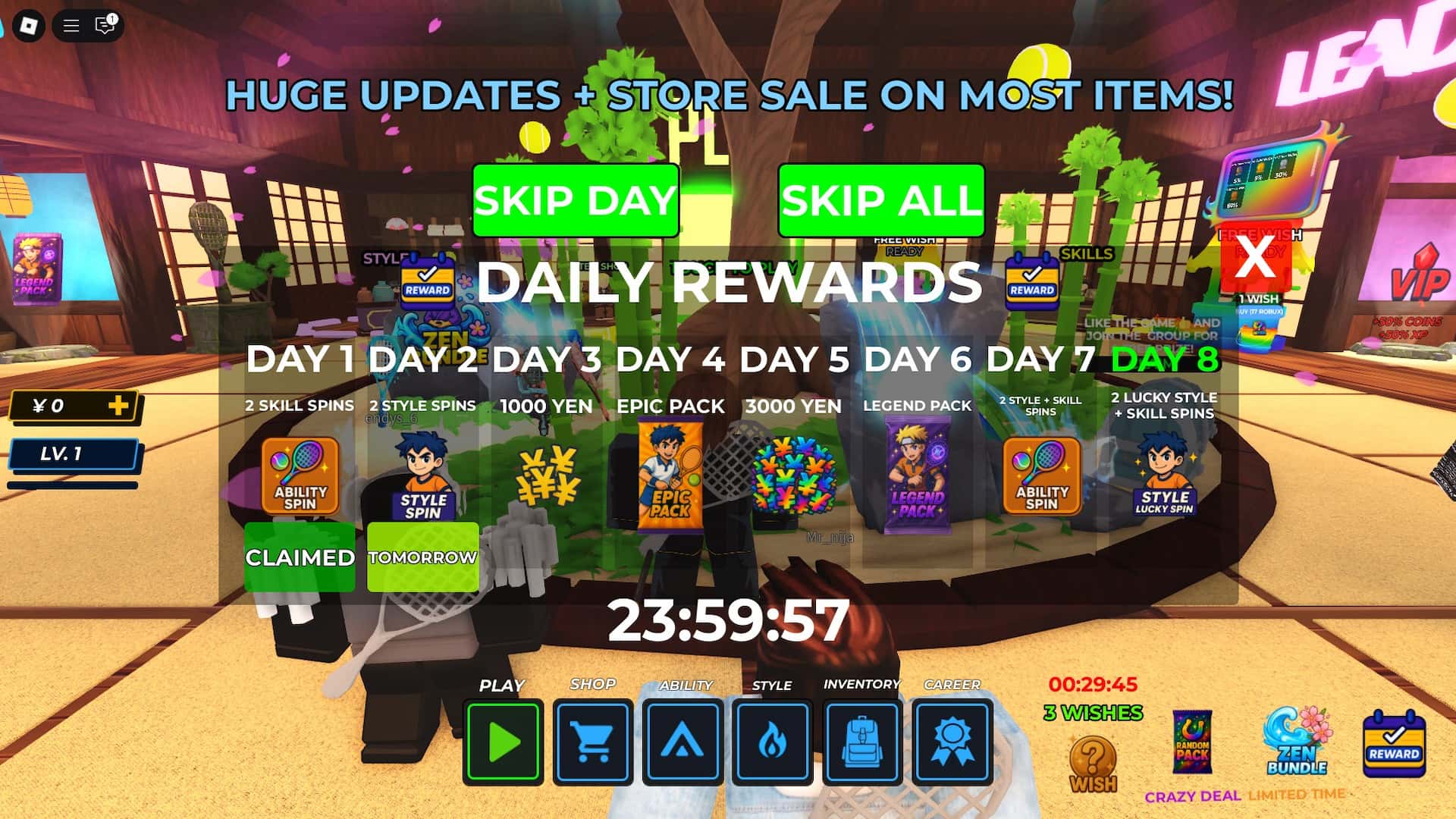 How to get daily rewards in the Tenisu Titans Roblox experience.