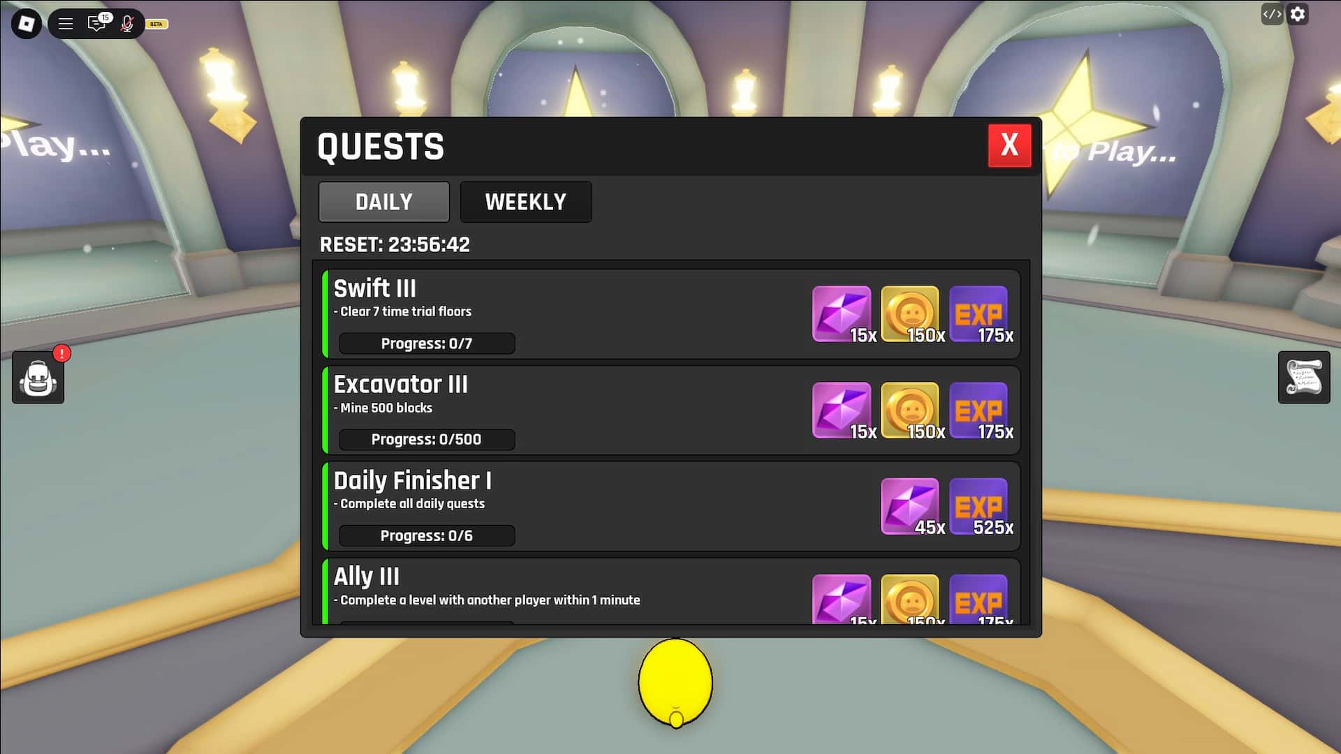 Daily and weekly quest rewards in the Slimera Roblox experience.