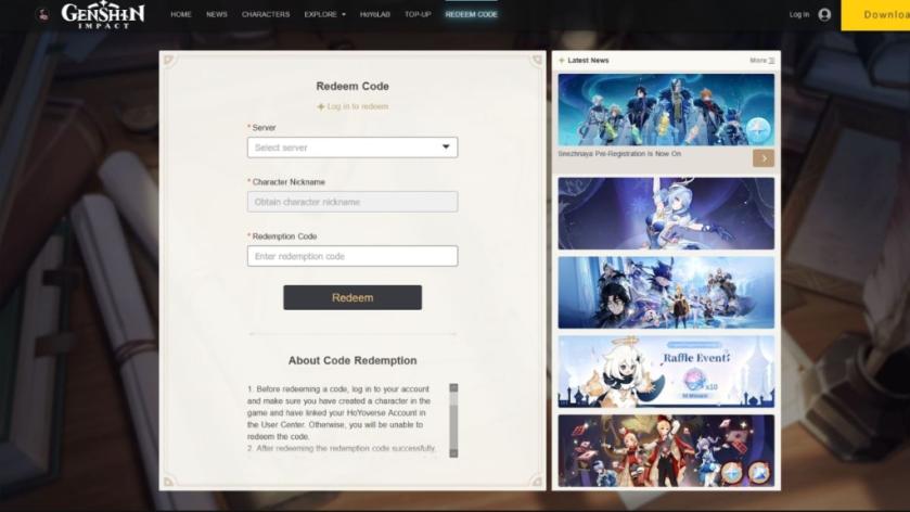 Genshin Impact Redemption codes page