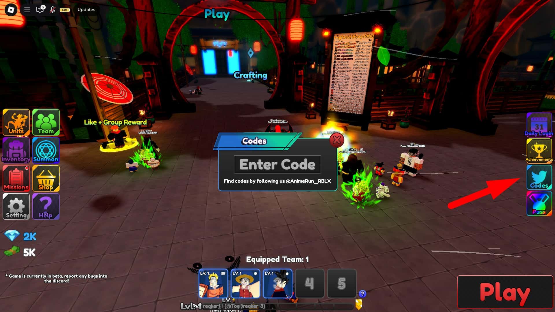 How to redeem codes in Anime Run Kingdom Roblox experience.