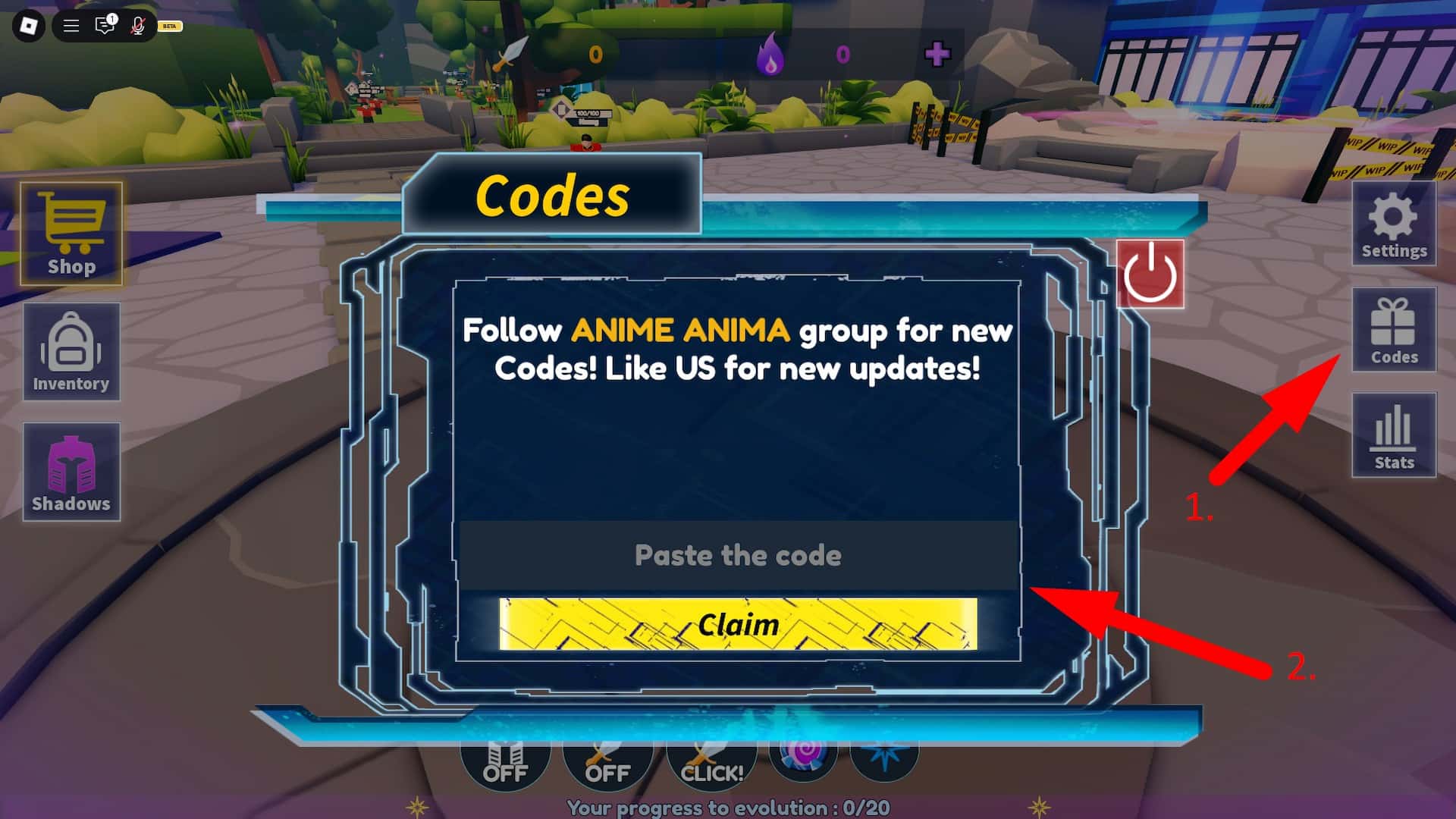 How to redeem codes in Anime Arise Evolution Roblox experience.