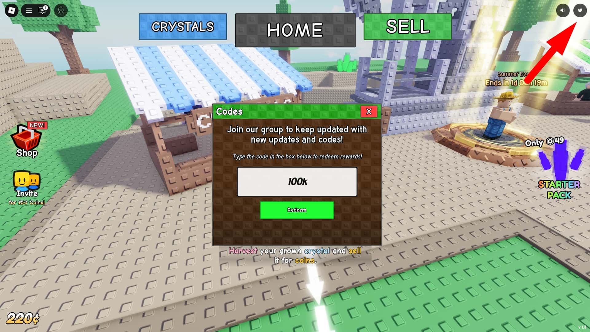 How to redeem codes in Grow Crystals Roblox experience.