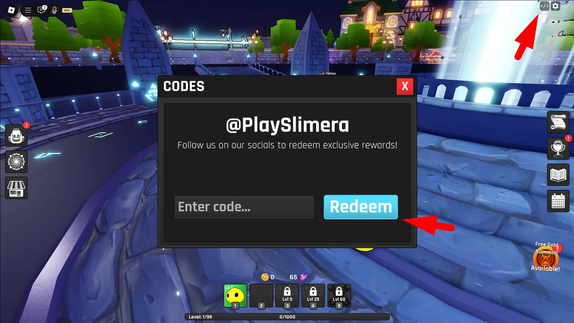 How to redeem codes in the Slimera Roblox experience.
