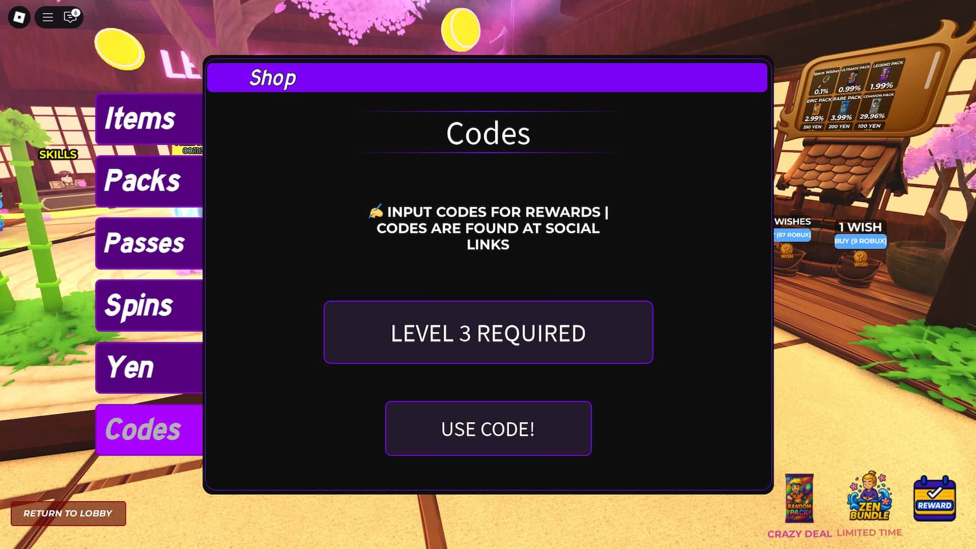 How to redeem codes in the Tenisu Titans Roblox experience.