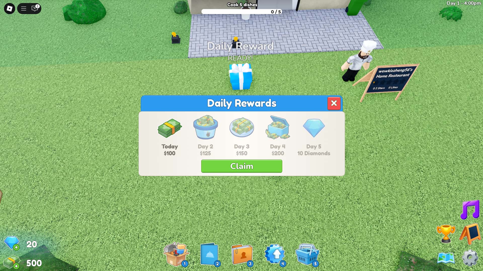 How to redeem daily rewards in the Restaurant Tycoon 3 Roblox experience.