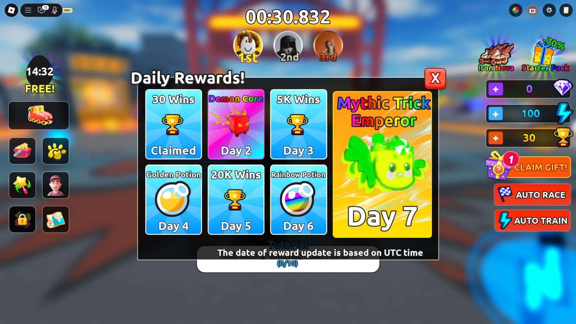 How to redeem daily rewards in the Roller Training Roblox experience.