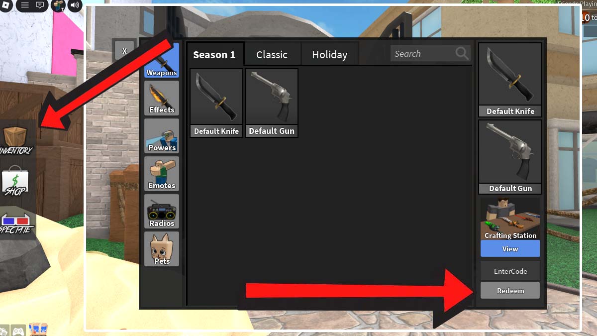 Roblox Murder Mystery 2 Inventory pop-up window and Codes Redemption text box
