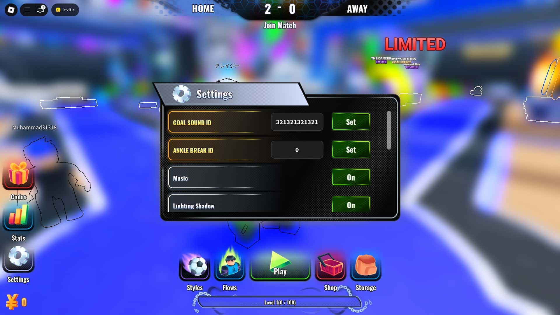 How to use goal sound and ankle break IDs in Egoist Rematch Roblox experience.