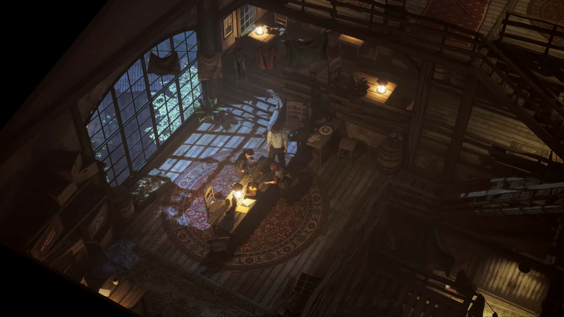 Shelter with Sebastian, Hanna, and Alva standing around a table in Eriksholm: The Stolen Dream.