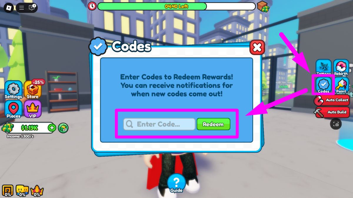 Codes redeem screen in Roblox Tattoo Studio Tycoon