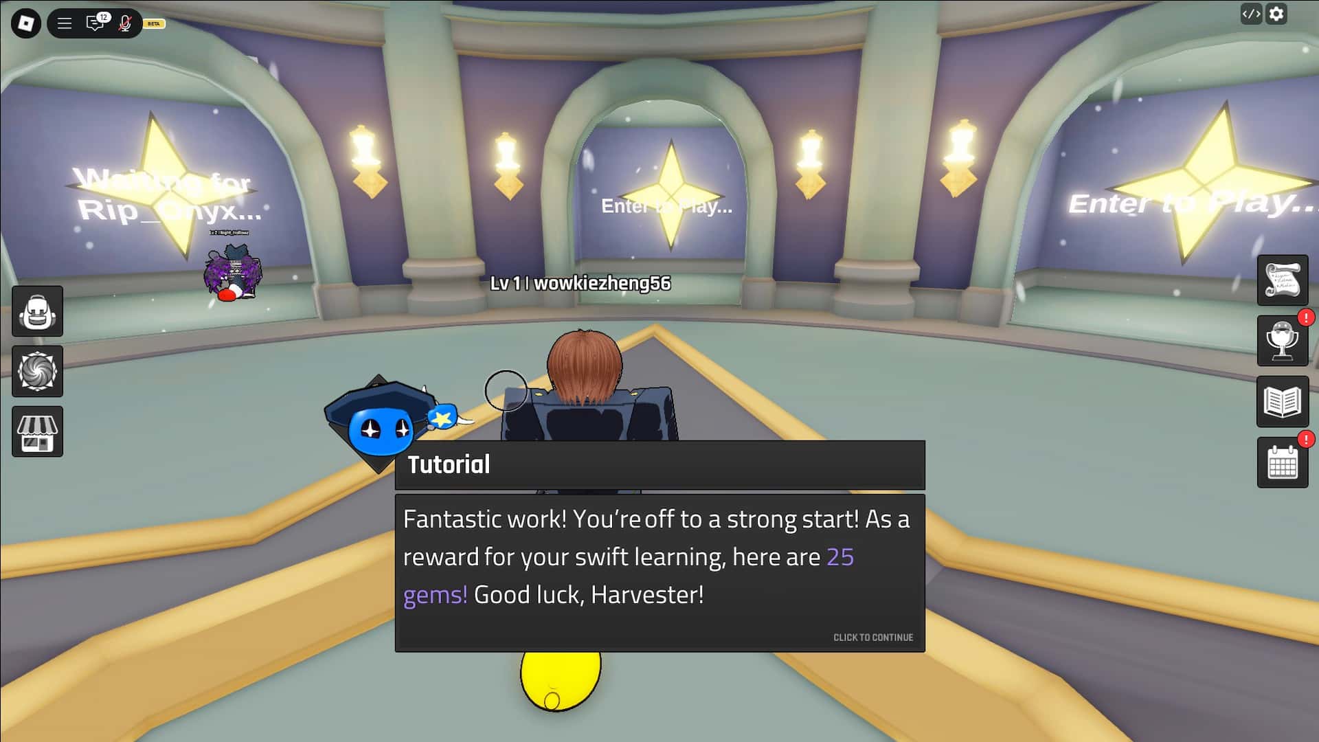 Tutorial and introduction quest rewards in the Slimera Roblox experience.