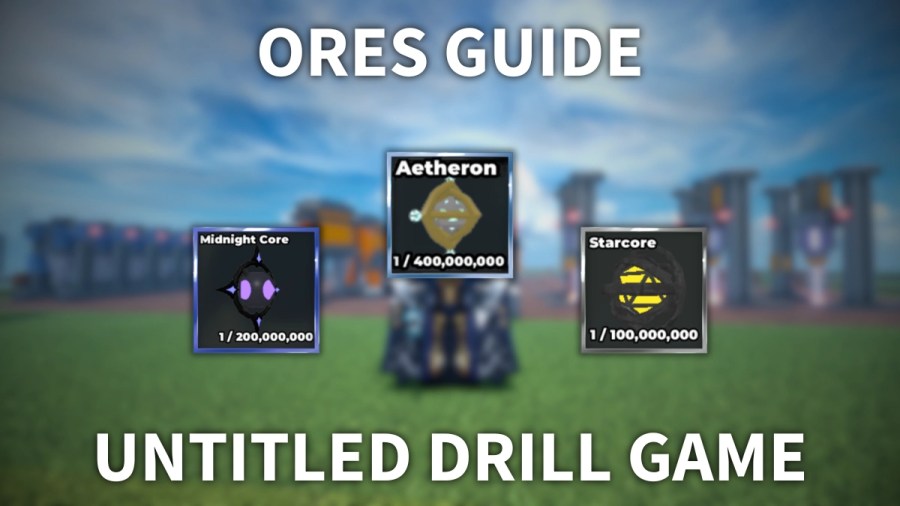 A player posing in front of their drill plot with the rarest Ores available in the Untitled Drill Game Roblox experience around them.