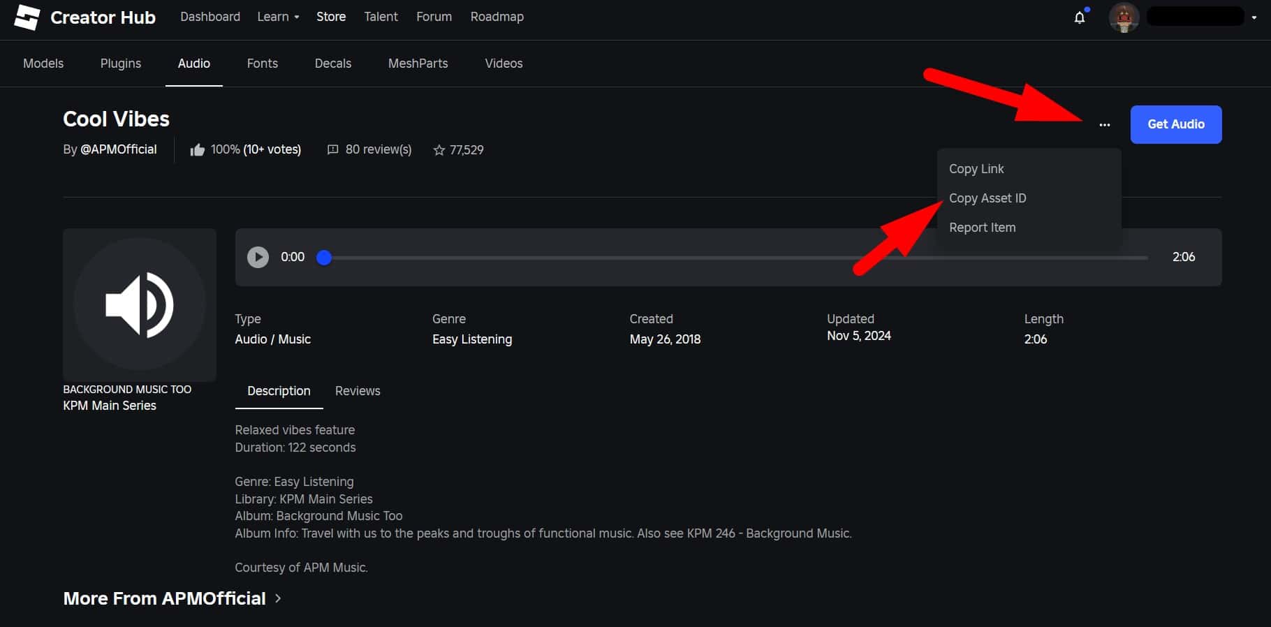 Where to find sound IDs on the Roblox Creator Hub.