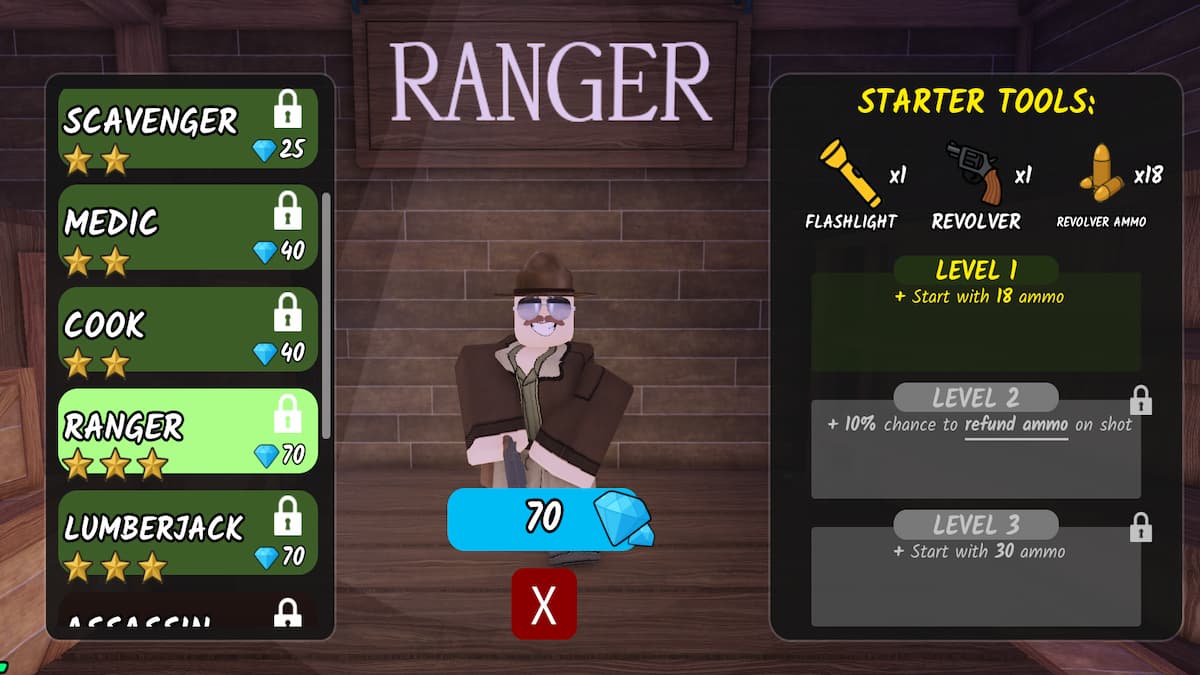 the class menu in 99 nights in the forest