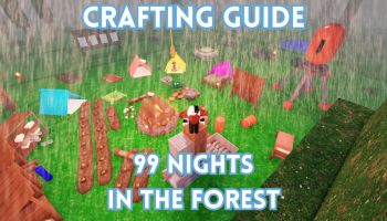 A 99 Nights in the Forest player is standing on top of a pile of plans in his base