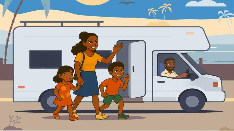 A family walking out from a caravan