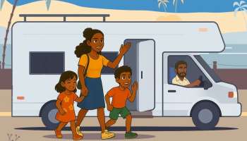 A family standing near a carvan in BitLife