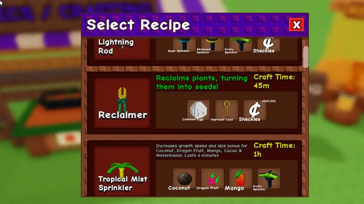 The Recipe Area in Grow A Garden